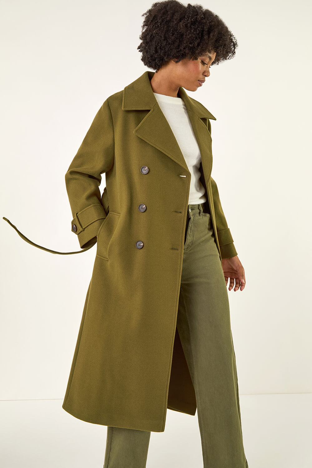 Olive Textured Premium Belted Smart Coat, Image 1 of 5
