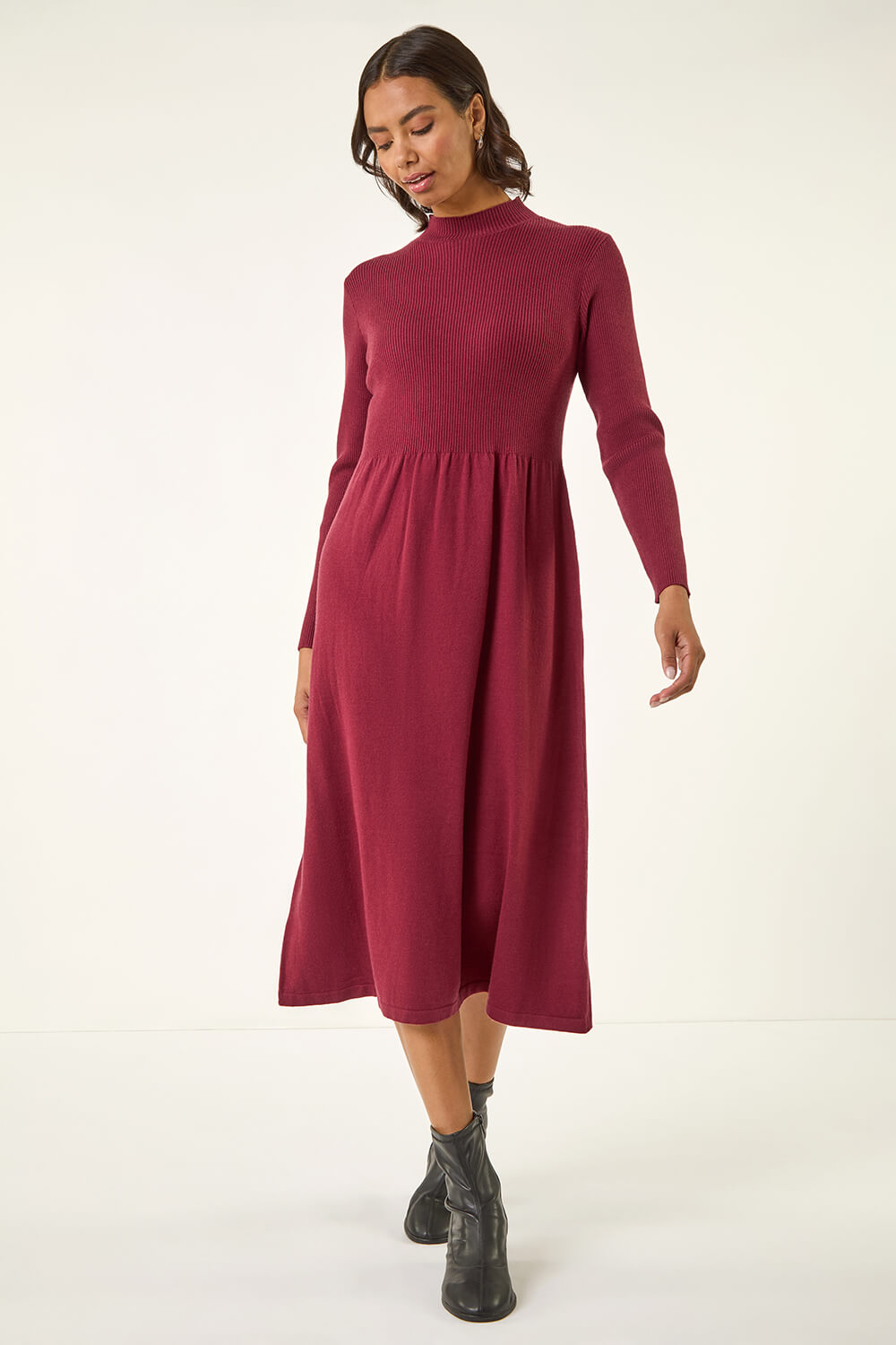 Burgundy Ribbed Knit High Neck Midi Dress, Image 1 of 5
