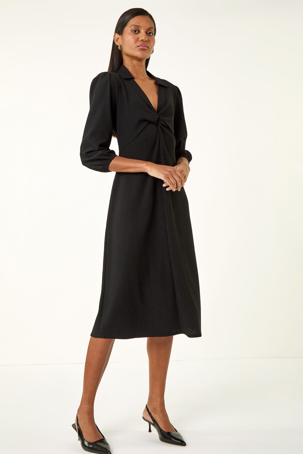 Black Textured Collared Twist Front Dress, Image 3 of 5