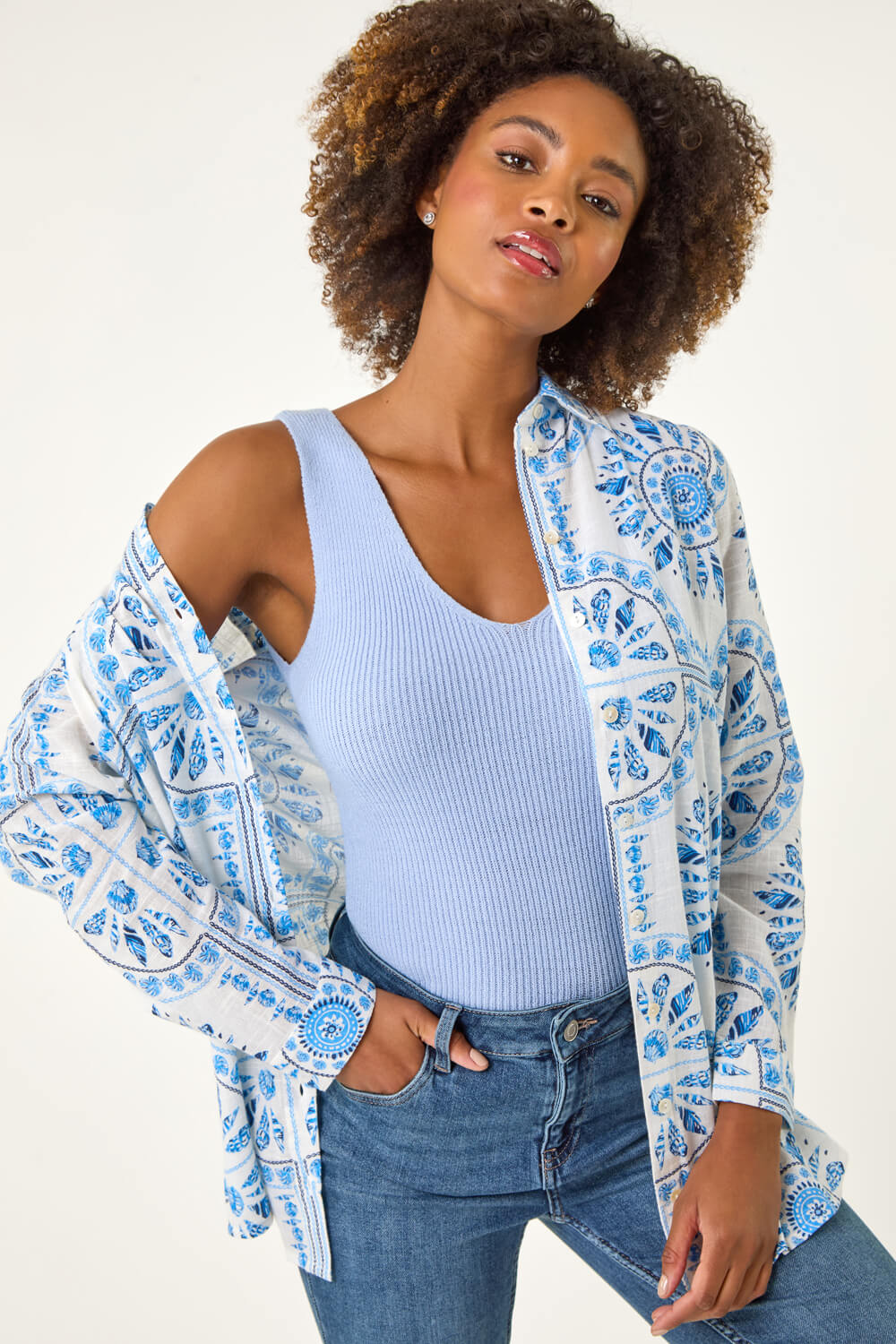 Roman Women's Light Blue Abstract Print Collared Shirt - Size 18