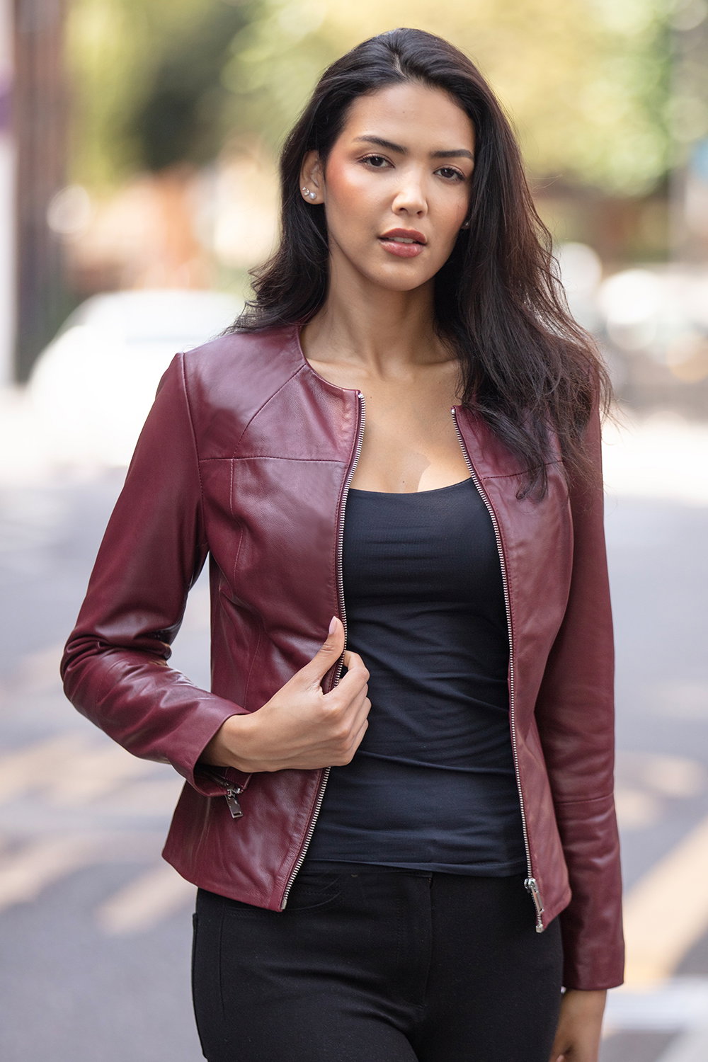 Wine Ashwood Leather Wine 'Francesca' Collarless Real Leather Fashion Jacket, Image 1 of 5