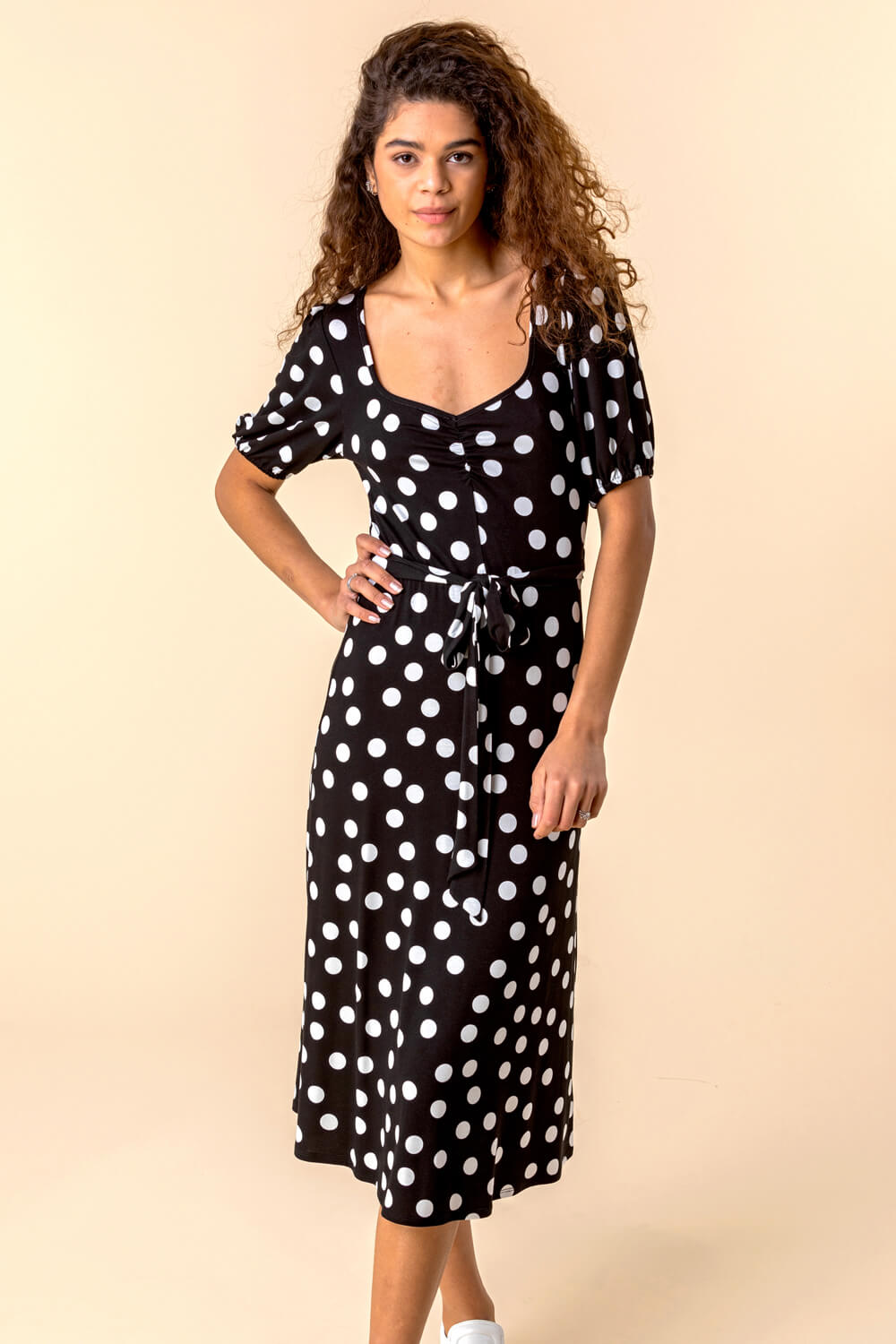 Black Ruched Neck Polka Dot Midi Dress, Image 4 of 4
