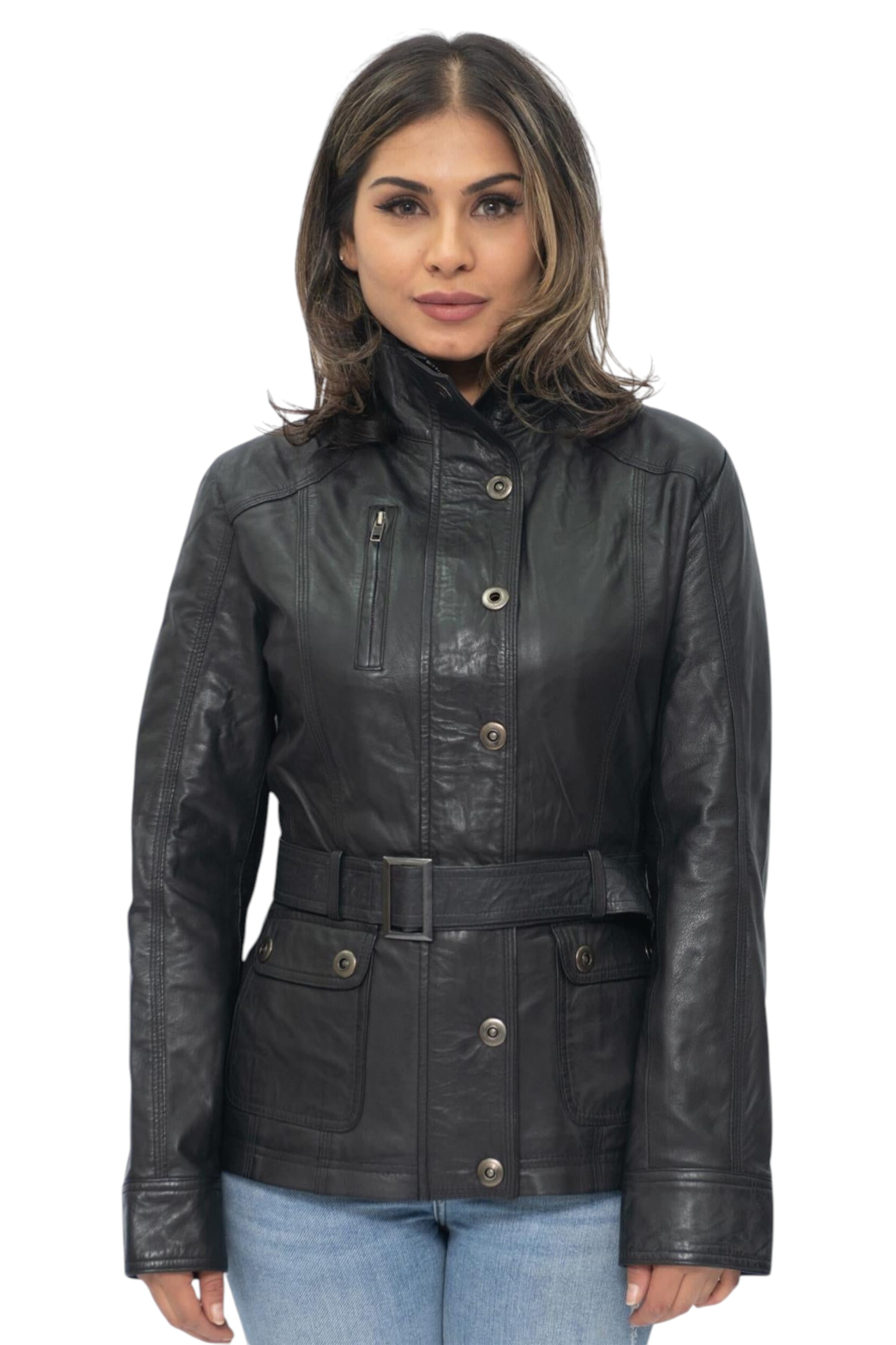 Black Military Style Leather Biker Jacket, Image 1 of 4