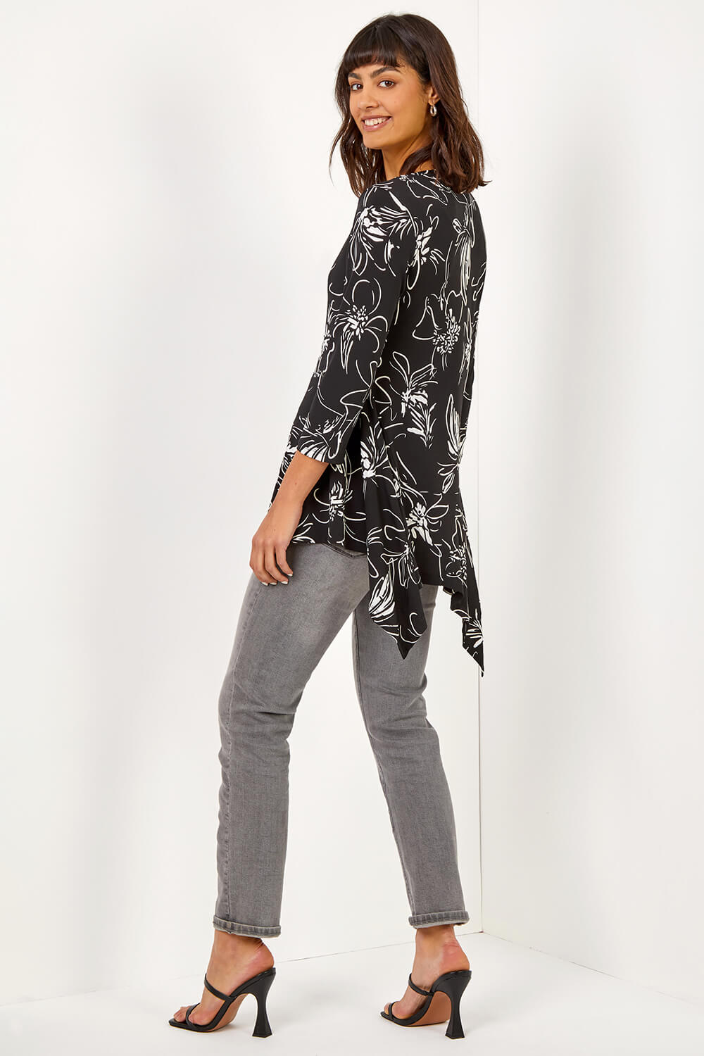 Black Linear Floral Print Hanky Hem Top , Image 3 of 5
