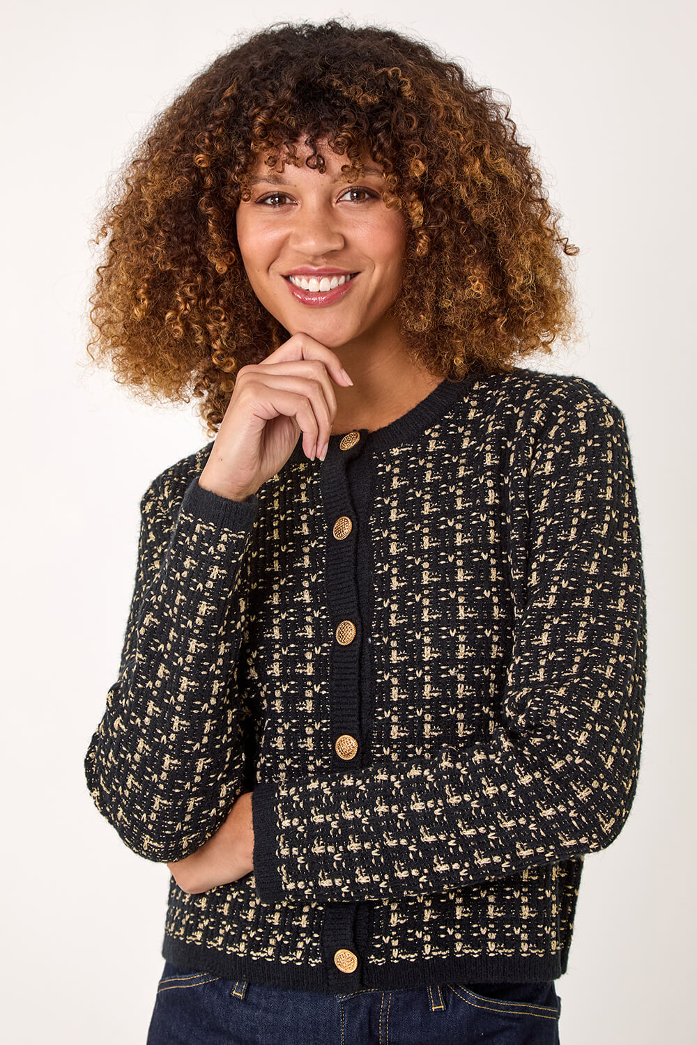 Black Textured Boucle Button Knit Cardigan, Image 5 of 5