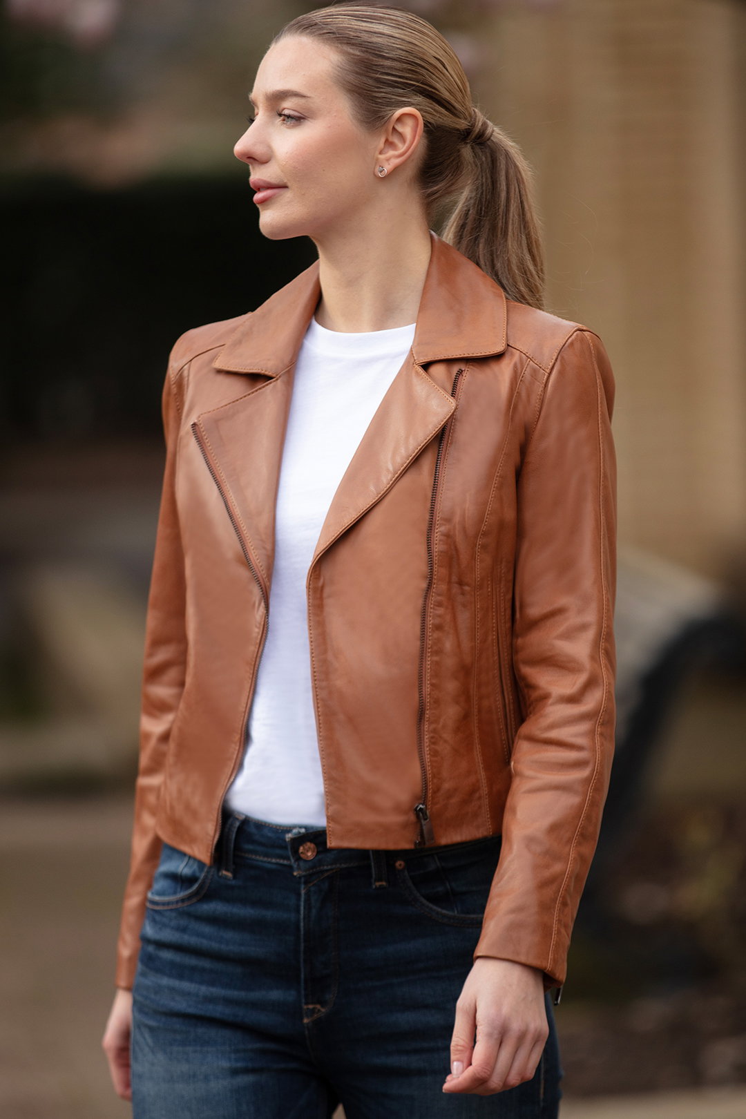 Tan Real Veg Tanned Leather Plain Biker Jacket, Image 1 of 5