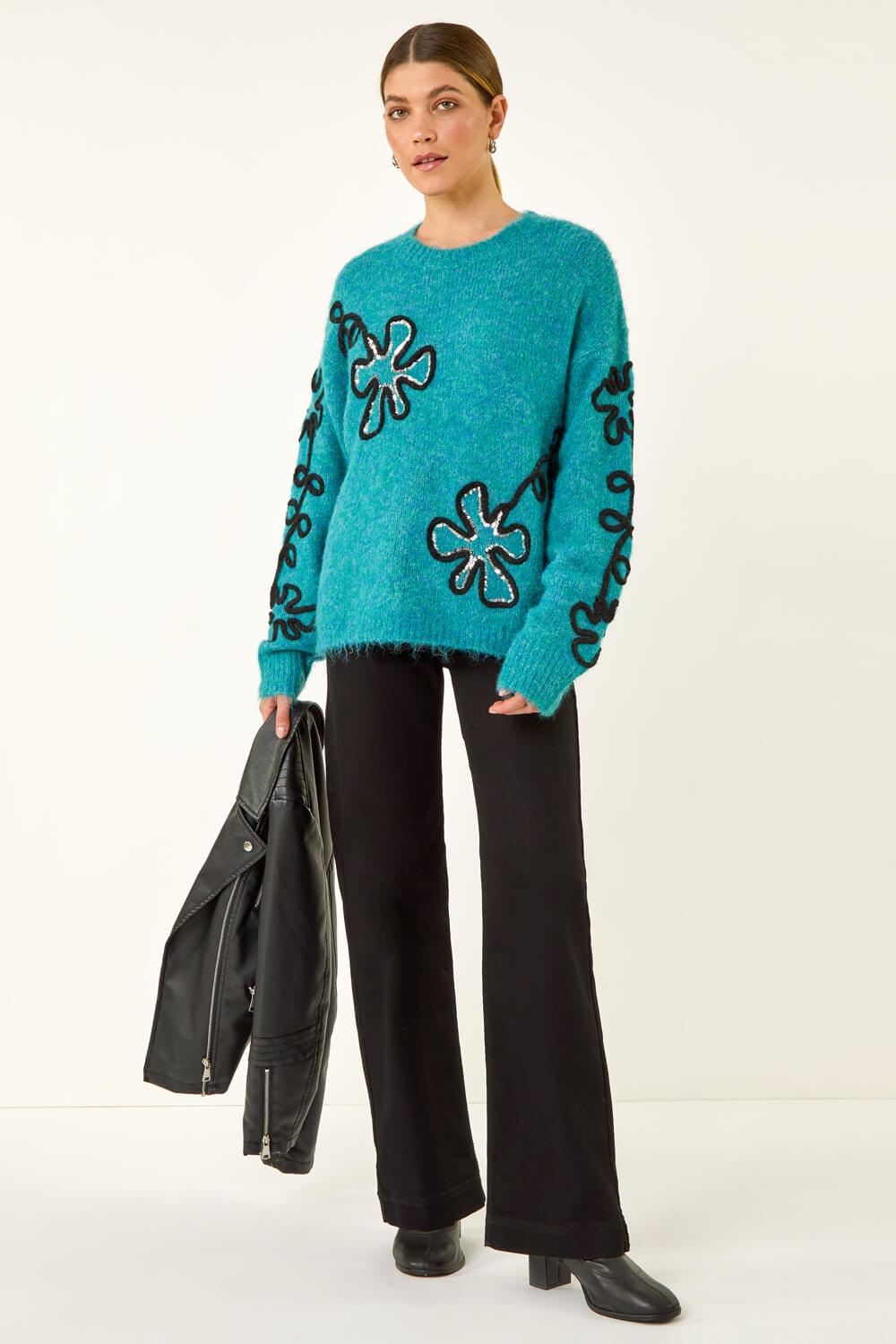 Teal Sparkly Floral Knit Jumper, Image 4 of 5