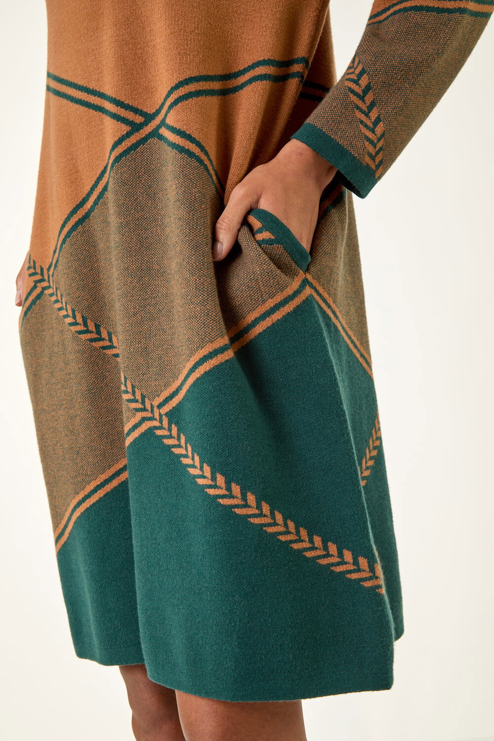 Dark Green Patchwork Knit Jumper Dress, Image 6 of 5