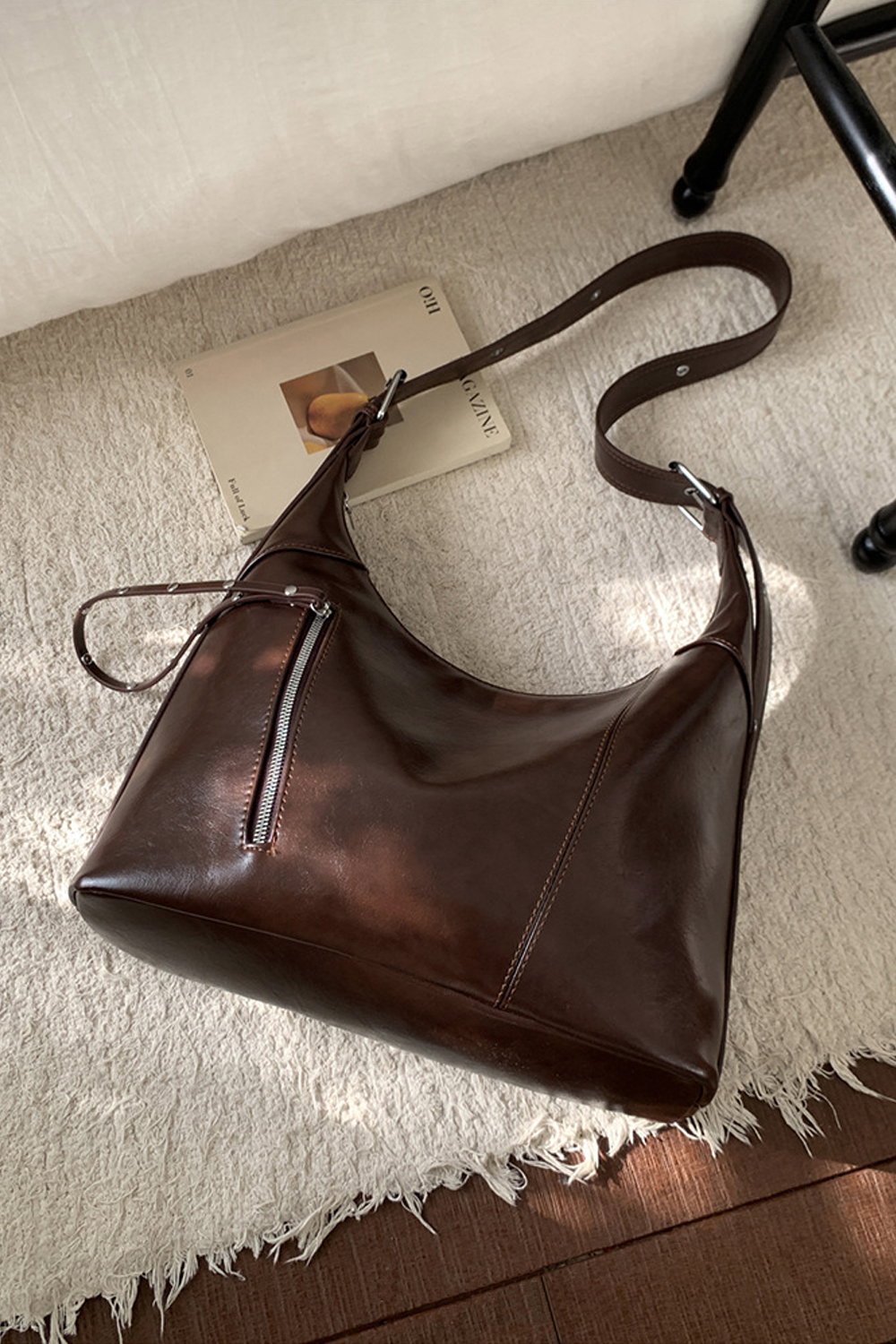 Black 'Harley' Slouchy Shoulder Bag With Zip