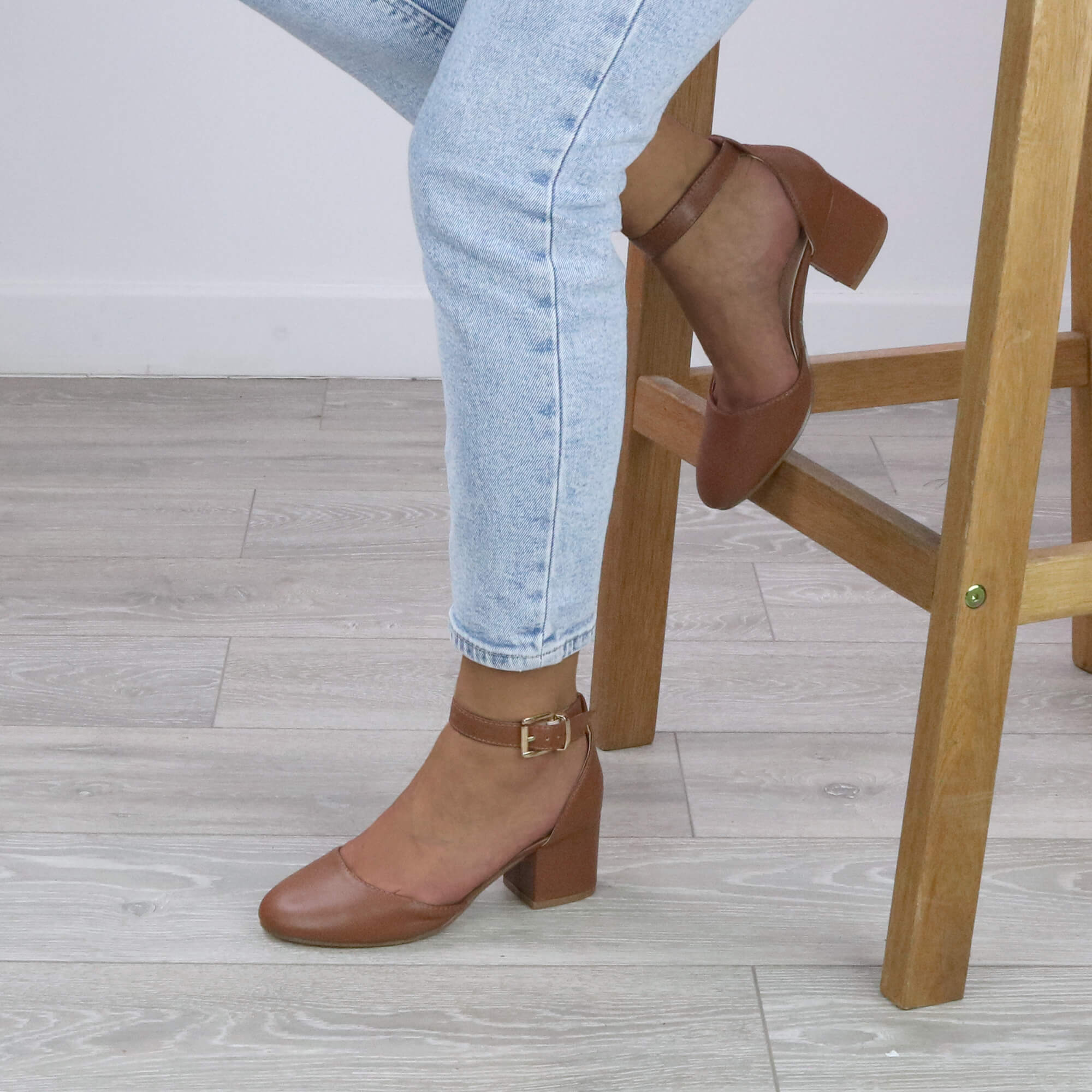 Tan AJVANI Tan Mid Block Heel Ankle Strap 2 Part Heels, Image 5 of 6
