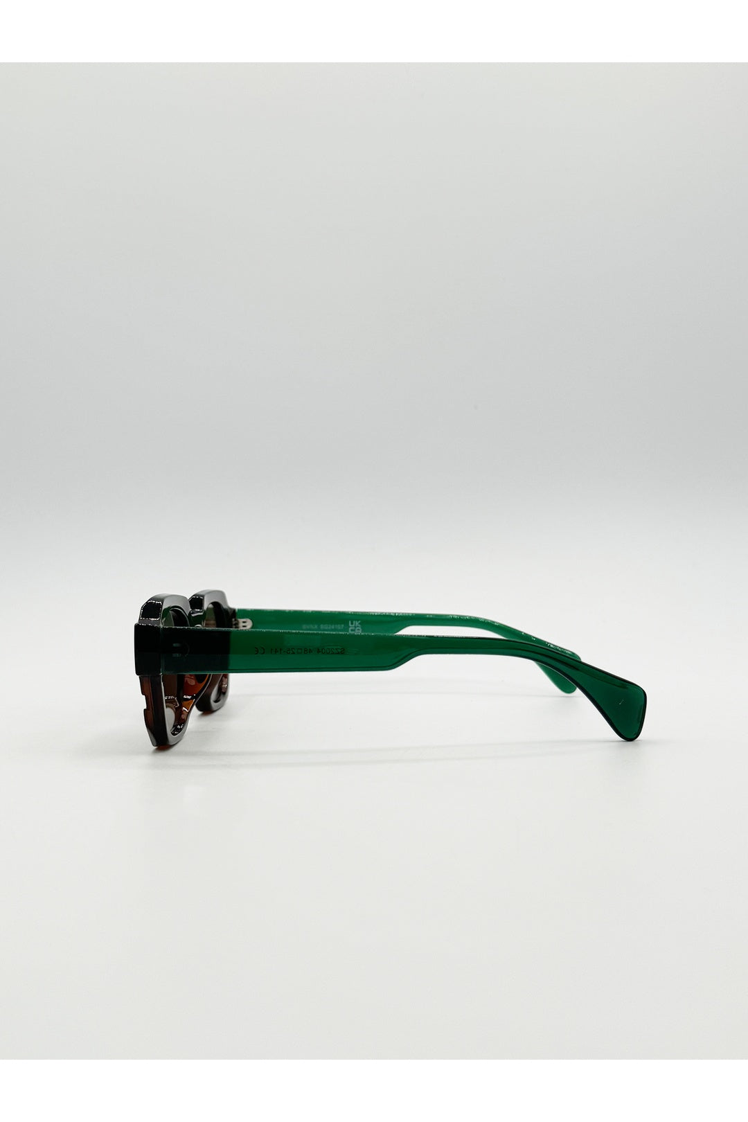 Brown Angular Wayfarer Style Sunglasses in Brown with Green Arms, Image 3 of 4