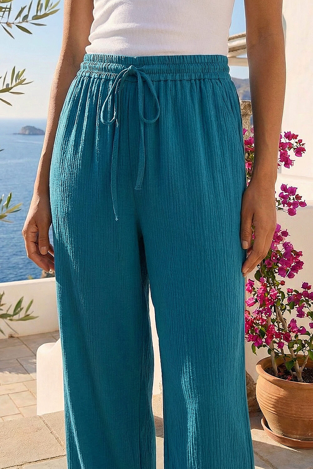 Teal Textured Wide Leg Trouser, Image 5 of 5