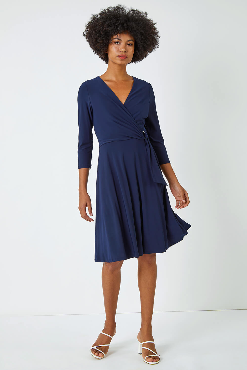 Navy Ring Buckle Wrap Stretch Dress, Image 3 of 5