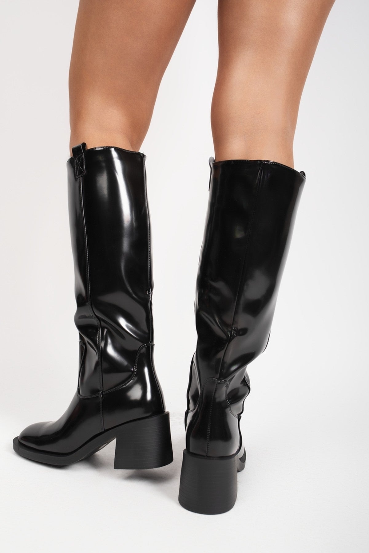 Black iKrush Black Verira Patent Knee High Block Heel Boots, Image 3 of 8