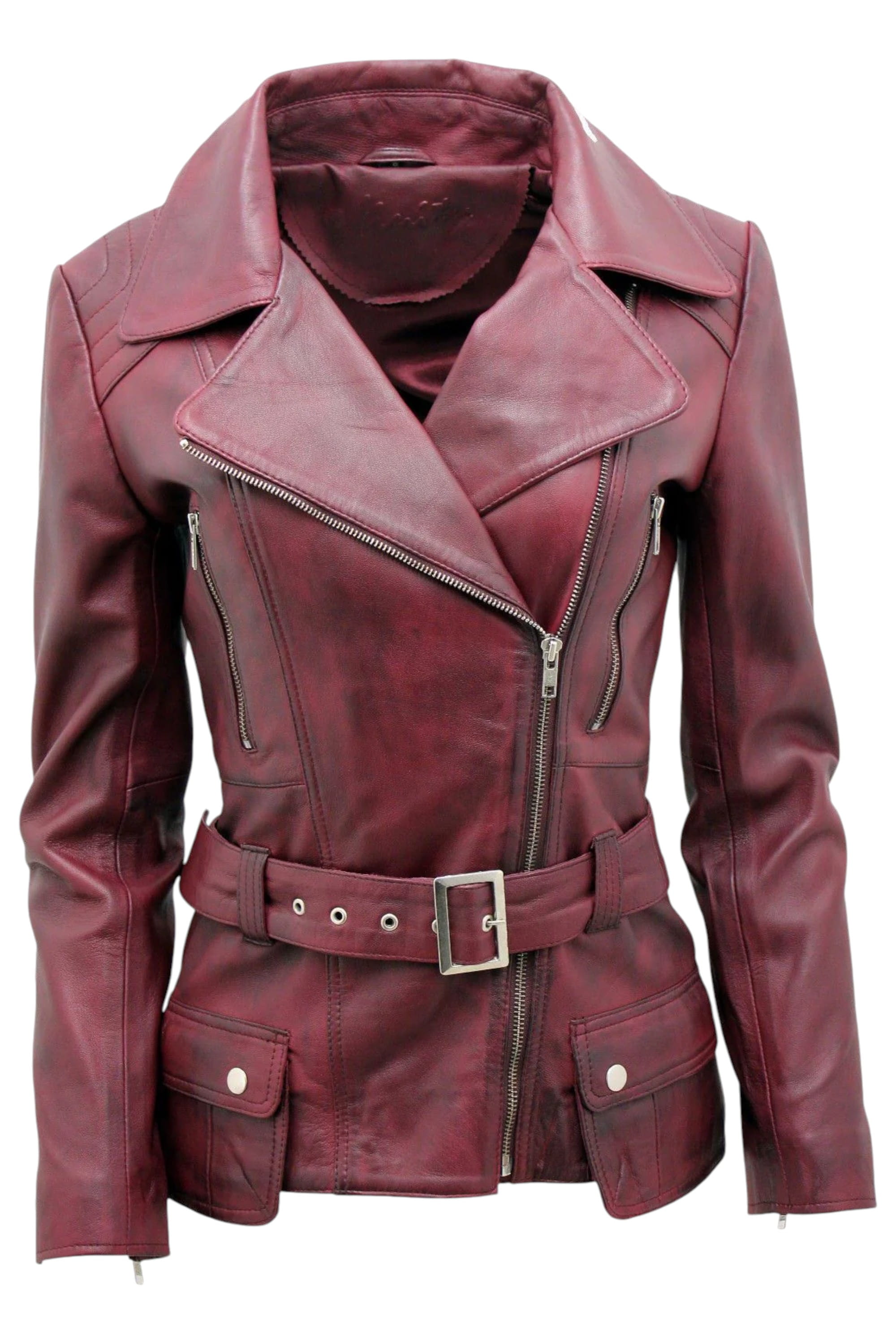 Burgundy Womens Long Leather Biker Jacket-Quito, Image 1 of 4