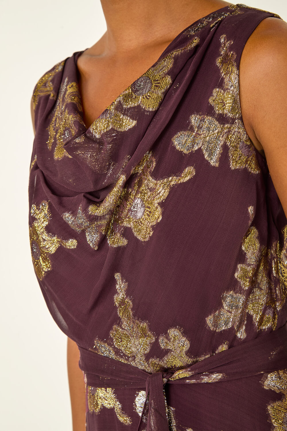 Plum Metallic Jacquard Cowl Neck Midi Dress, Image 6 of 5