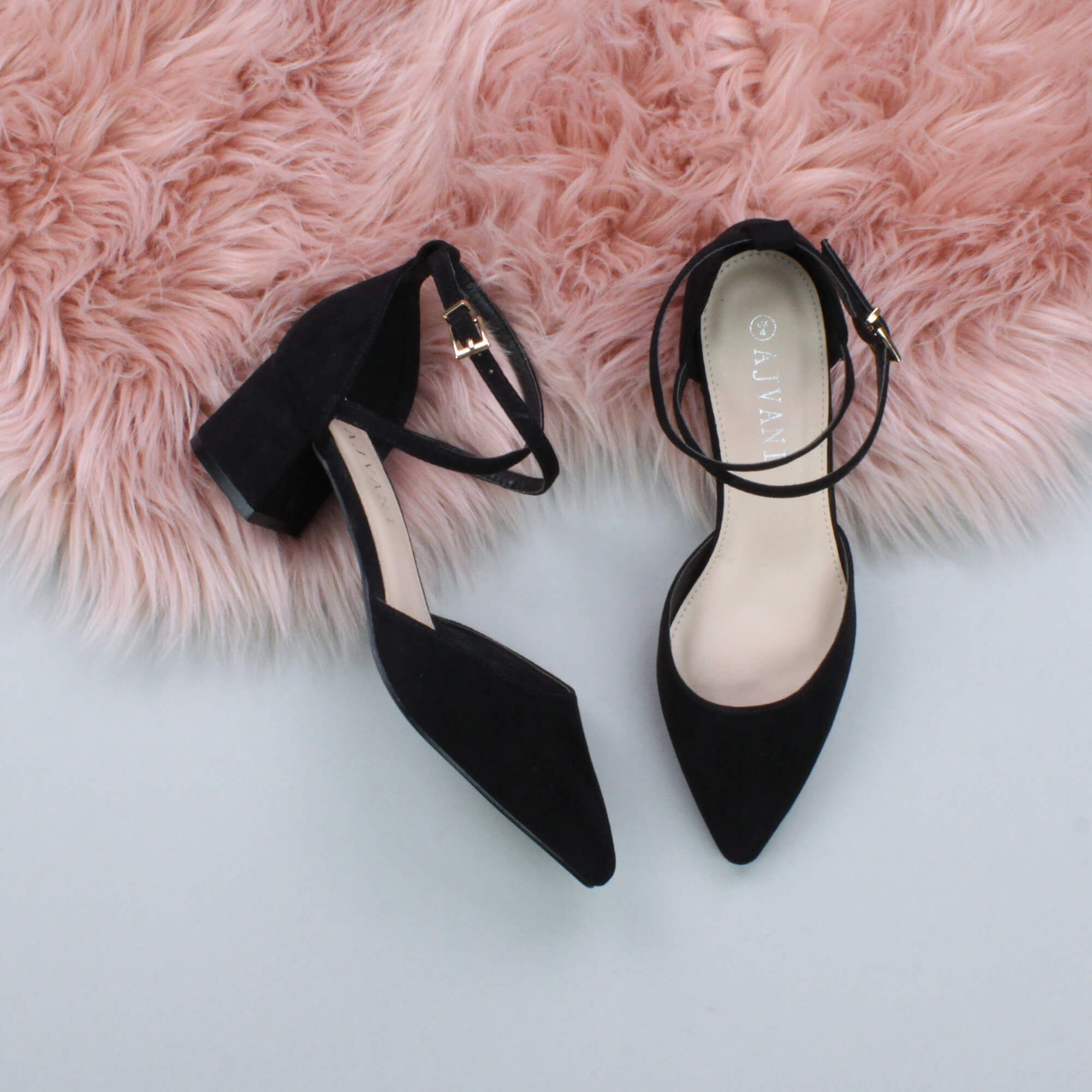 Black Mid Block Heel Crossed Strap Pointed Toe 2 Part Heels, Image 4 of 6