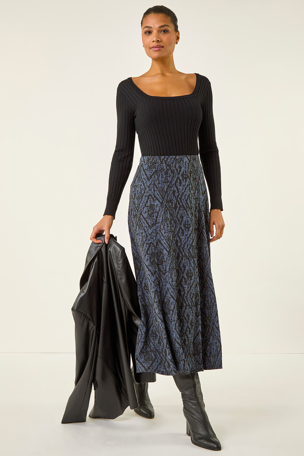 Midnight Blue Abstract Diamond Print Midi Skirt, Image 4 of 5
