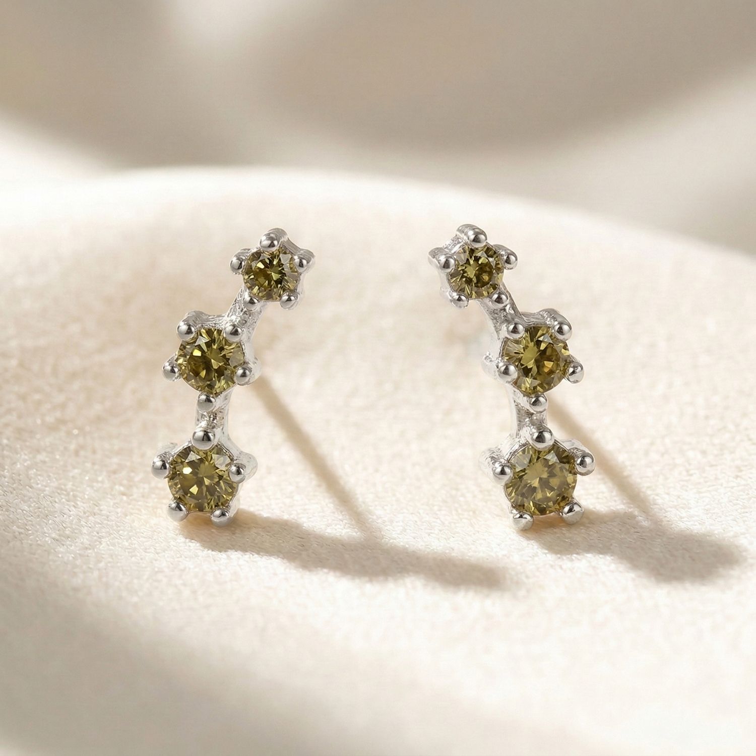 Green Peridot August Birthstone Climber Silver Stud Earrings
