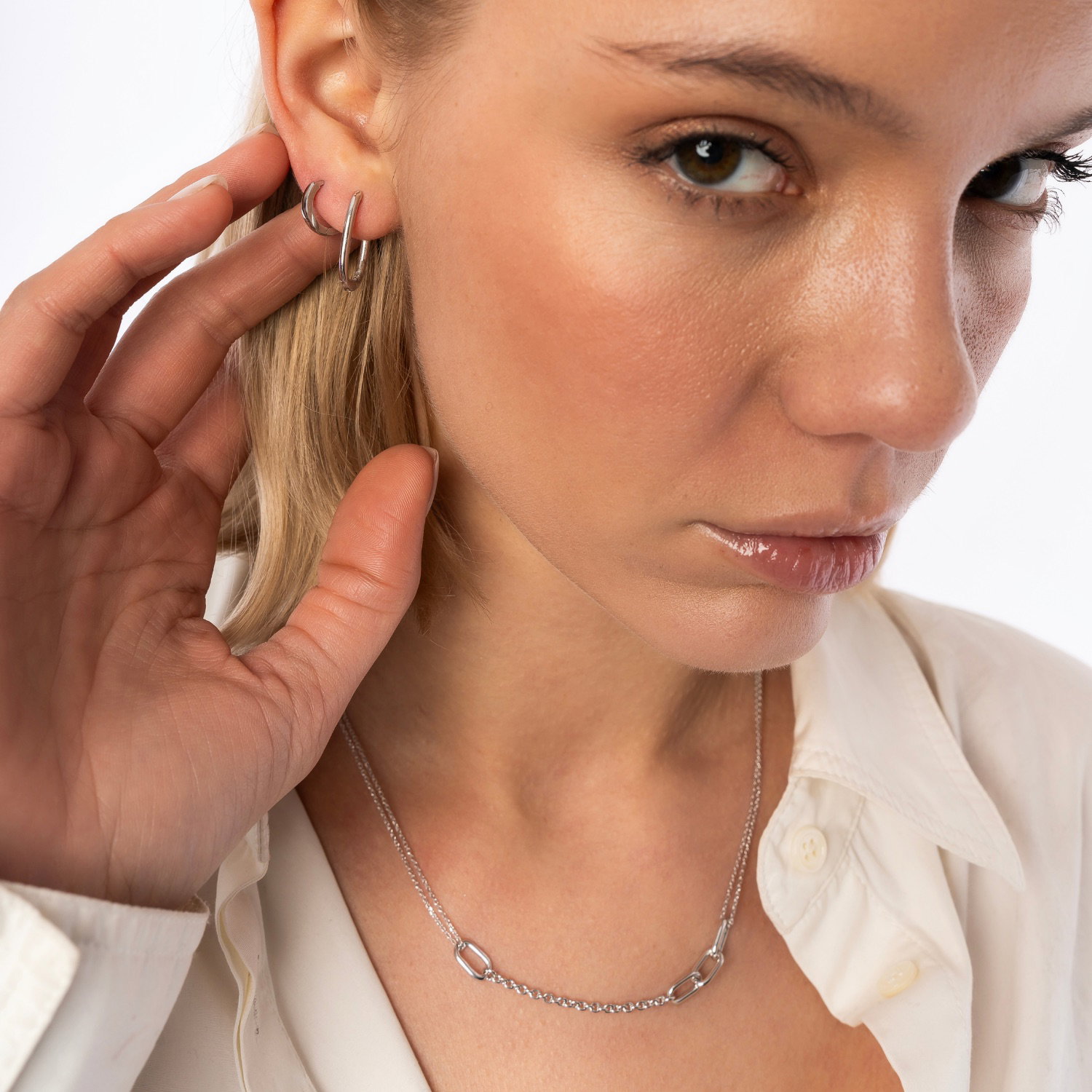 Silver Edgy Geometric Sterling Silver Hoop Earrings, Image 4 of 5