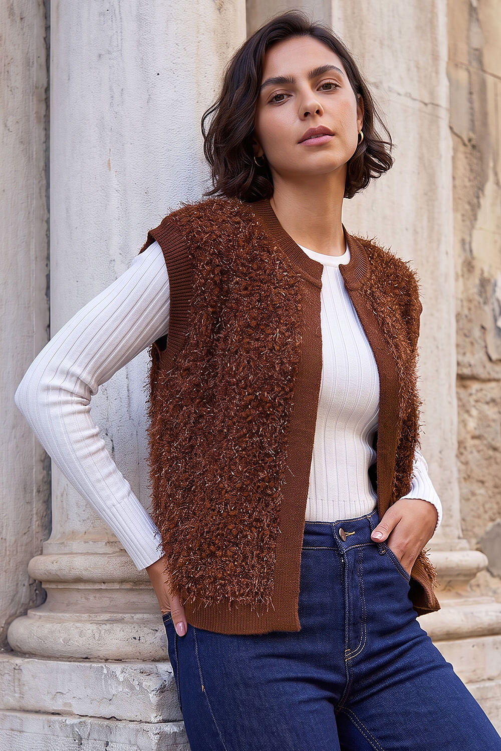 Roman Women's Chocolate Fluffy Shimmer Knit Waistcoat Large