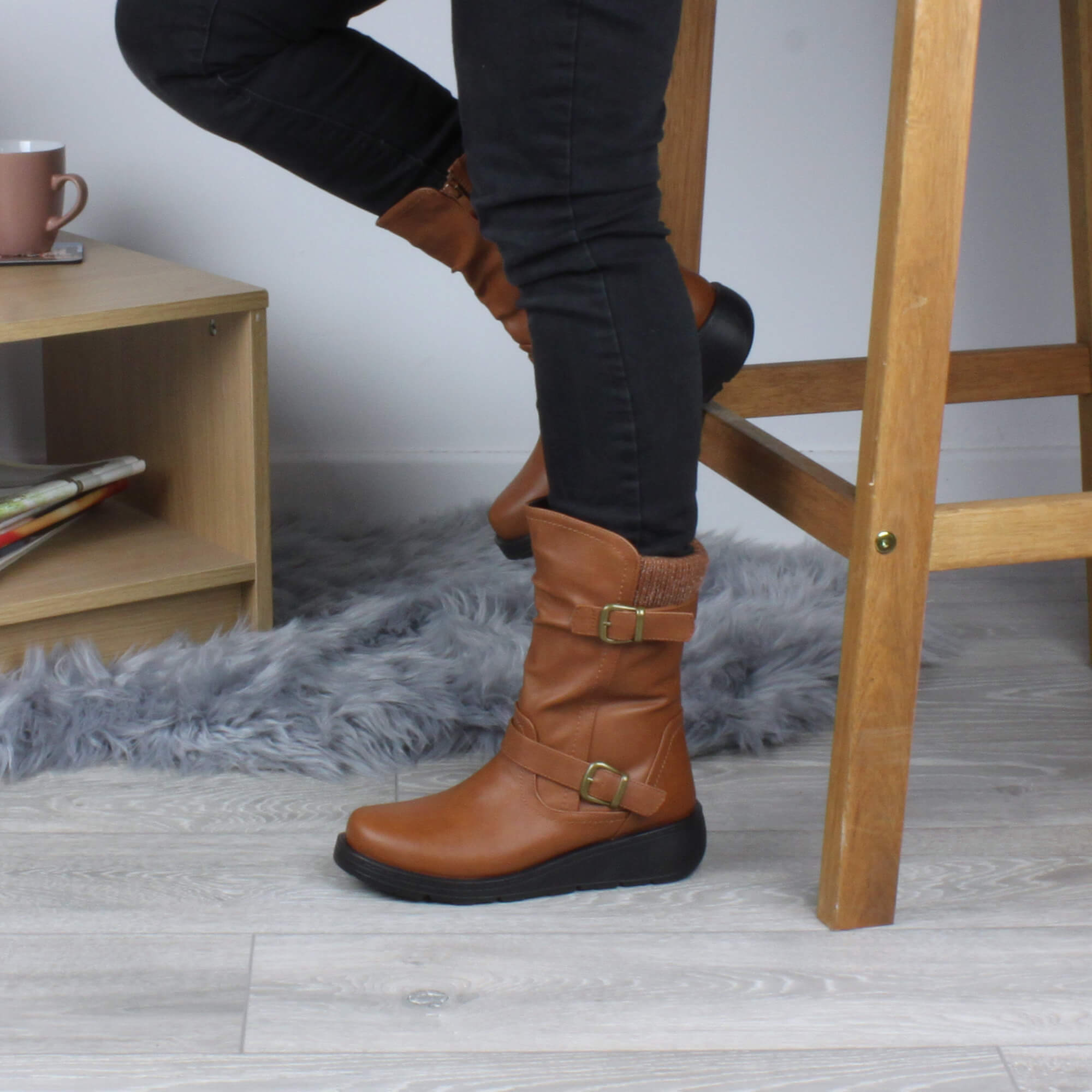 Tan Low Wedge Heel Comfort Calf Biker Boots, Image 5 of 6