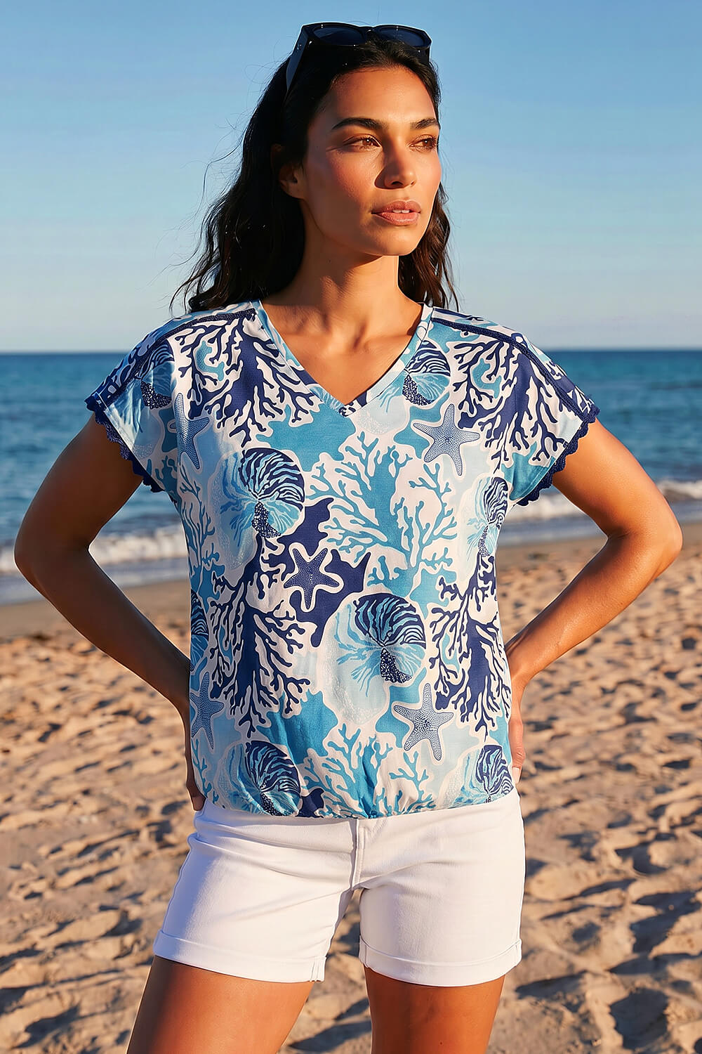 Blue Marine Print Ric Rac Trim Top, Image 1 of 4