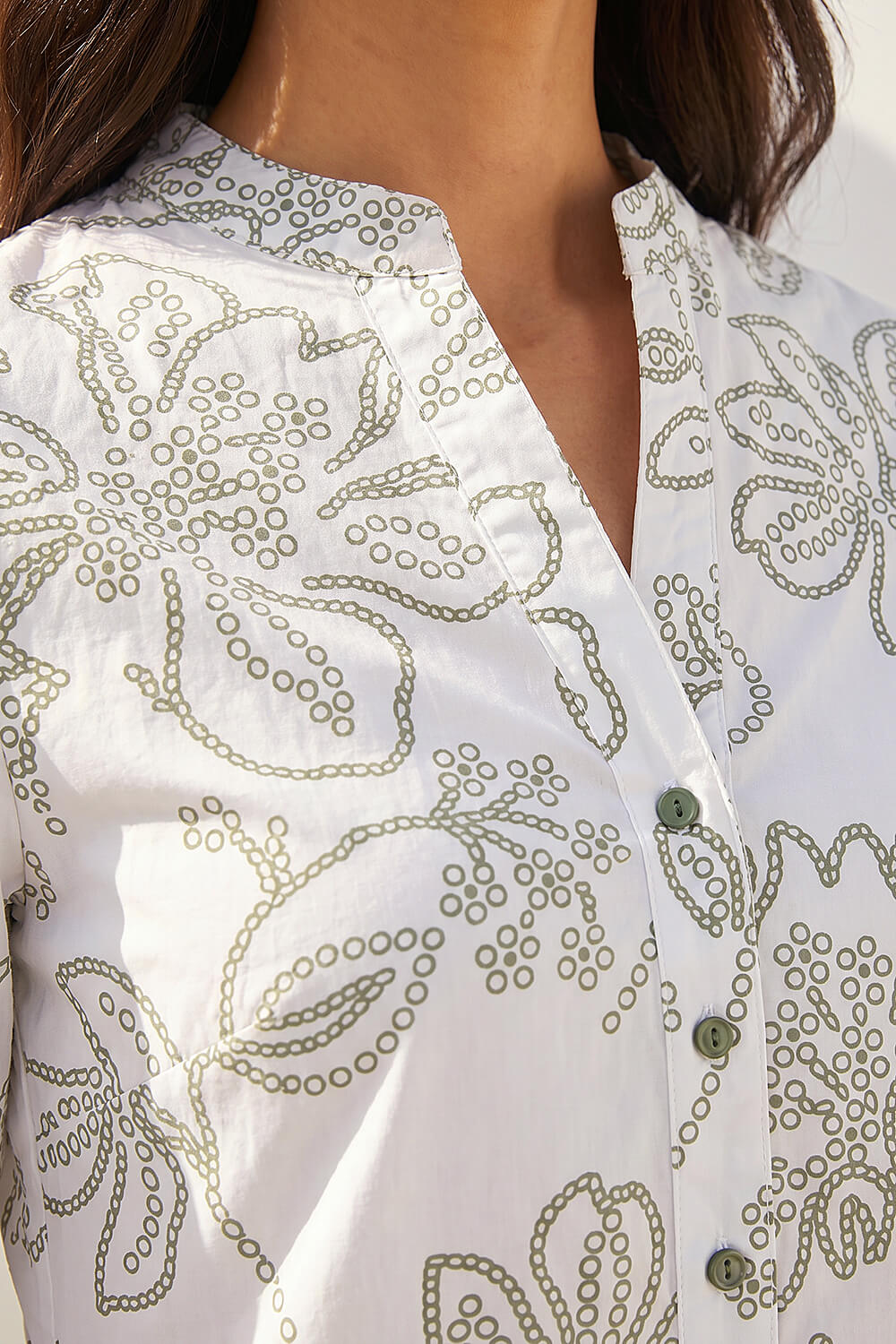 Khaki Floral Puff Print Buttoned Midi Dress, Image 5 of 4