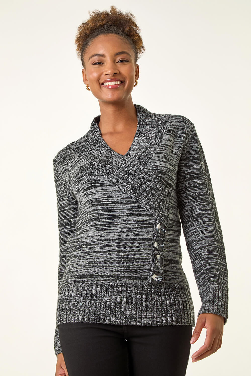 Dark Grey Longline Buttoned Knit Jumper, Image 1 of 5