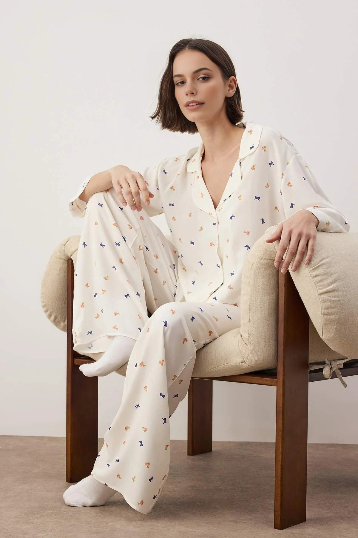Beige 2-Piece Printed Woven Pajama Set, Image 1 of 3