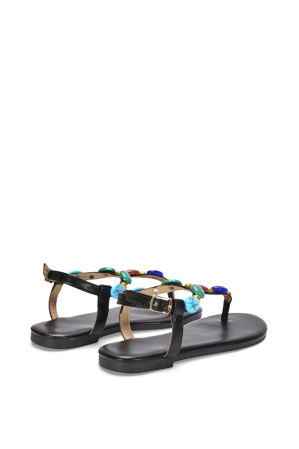 Black XY LONDON Black 'Sylva' Embellished Jewel Stone Flat T-Bar Sandals, Image 4 of 6