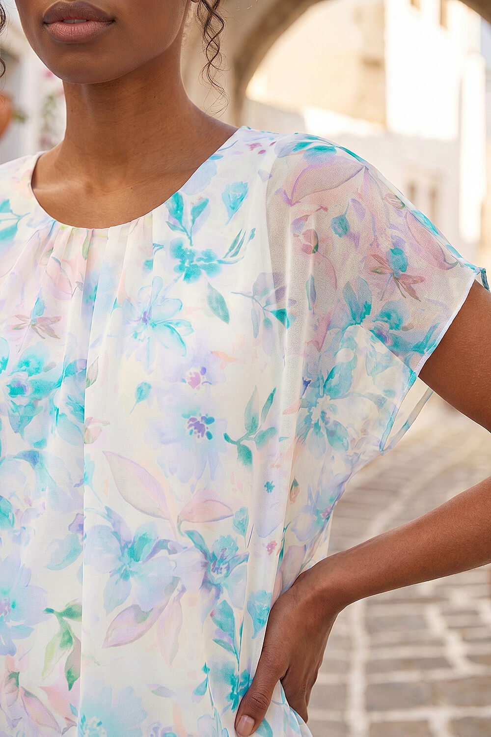 Blue Floral Print Bubble Hem Top, Image 5 of 4