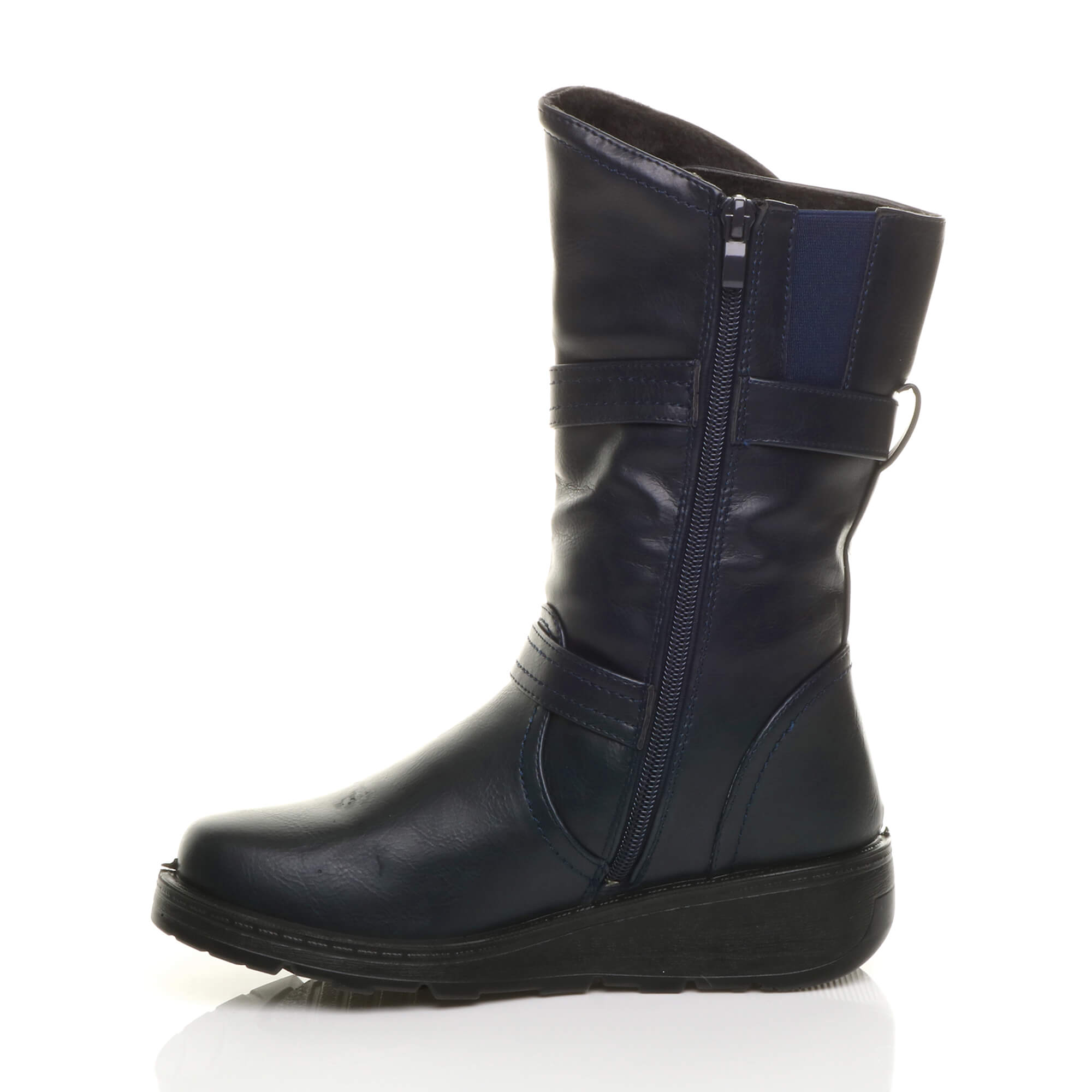 Navy Blue Low Wedge Heel Comfort Calf Biker Boots, Image 3 of 6