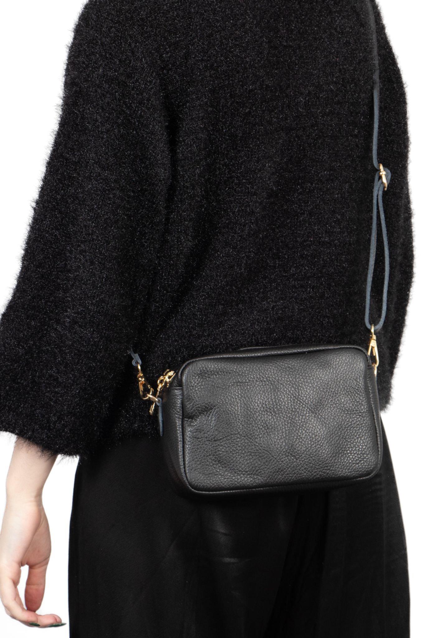 Black Double Zip Italian Leather Crossbody Bag, Image 2 of 3