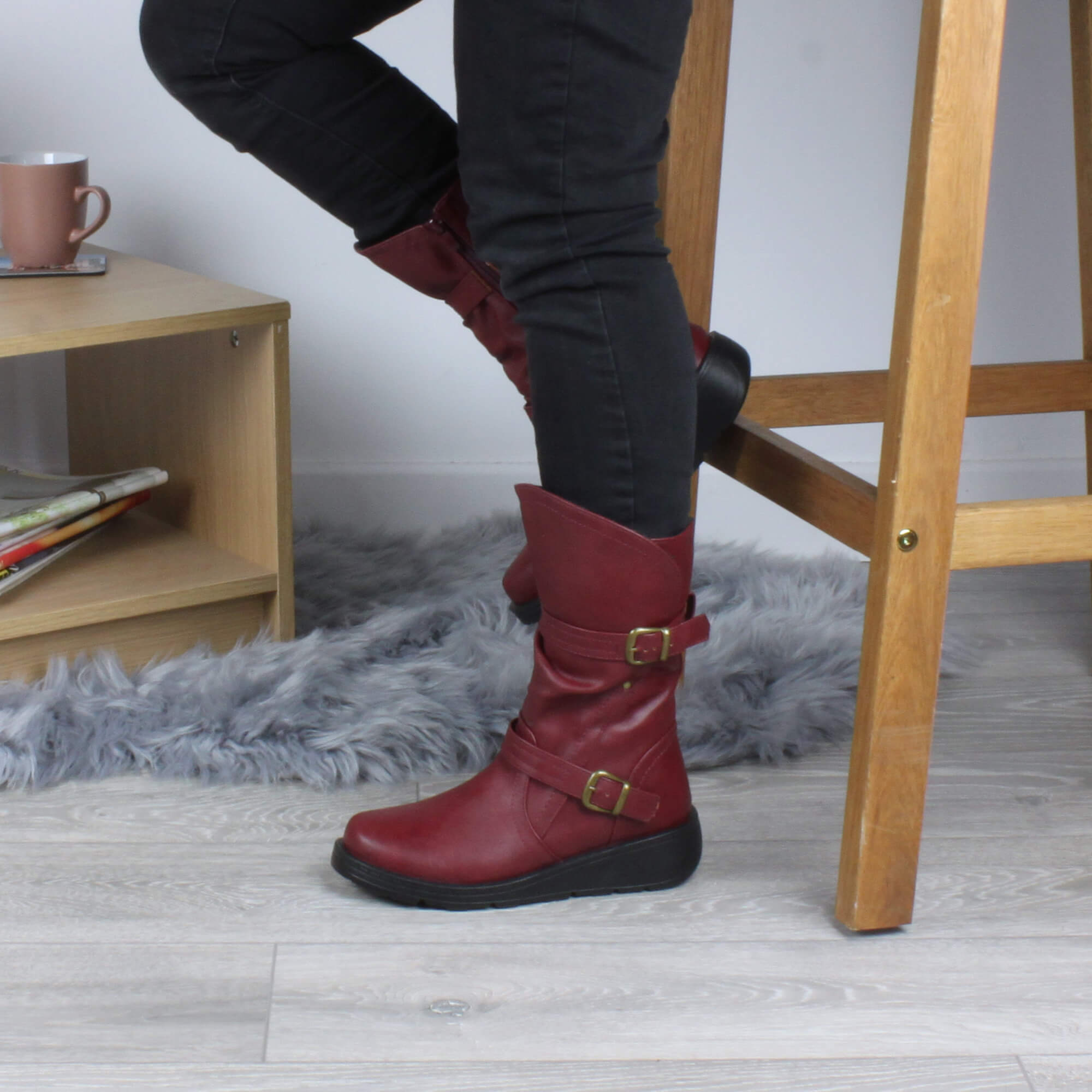 Burgundy AJVANI Burgundy Low Wedge Heel Comfort Calf Biker Boots, Image 5 of 6