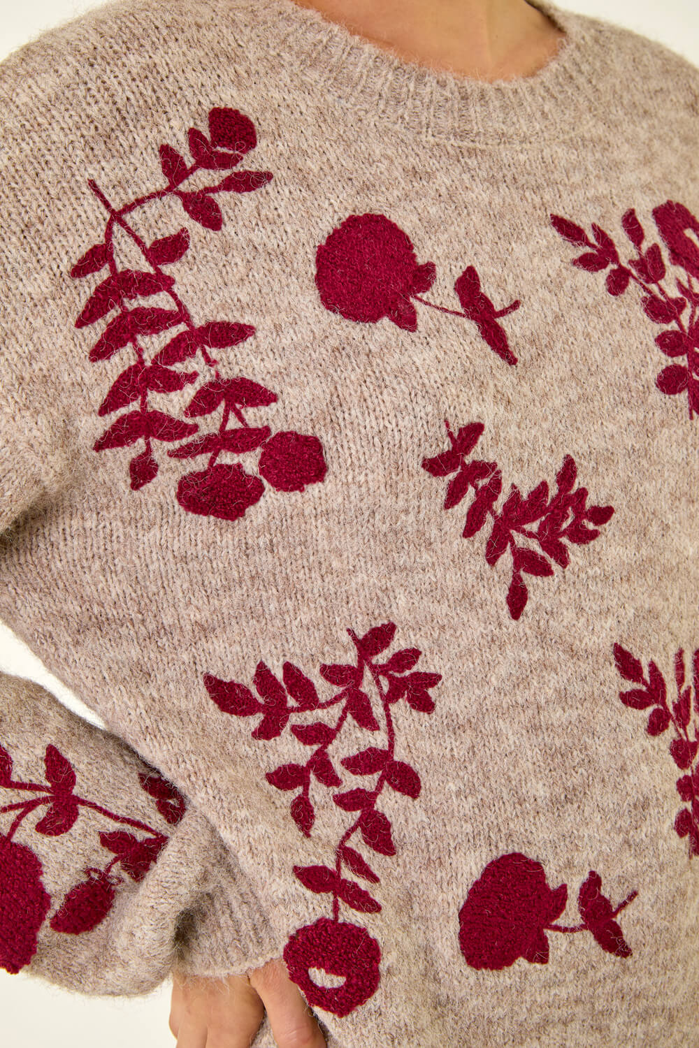 Taupe Floral Crew Neck Knit Jumper, Image 7 of 7