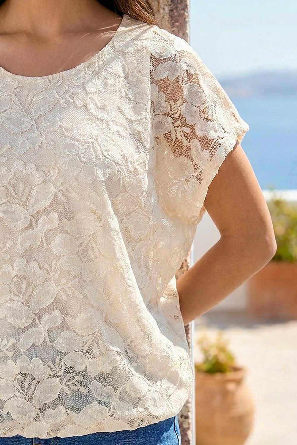 Ivory Floral Lace Overlay Stretch Top, Image 5 of 4