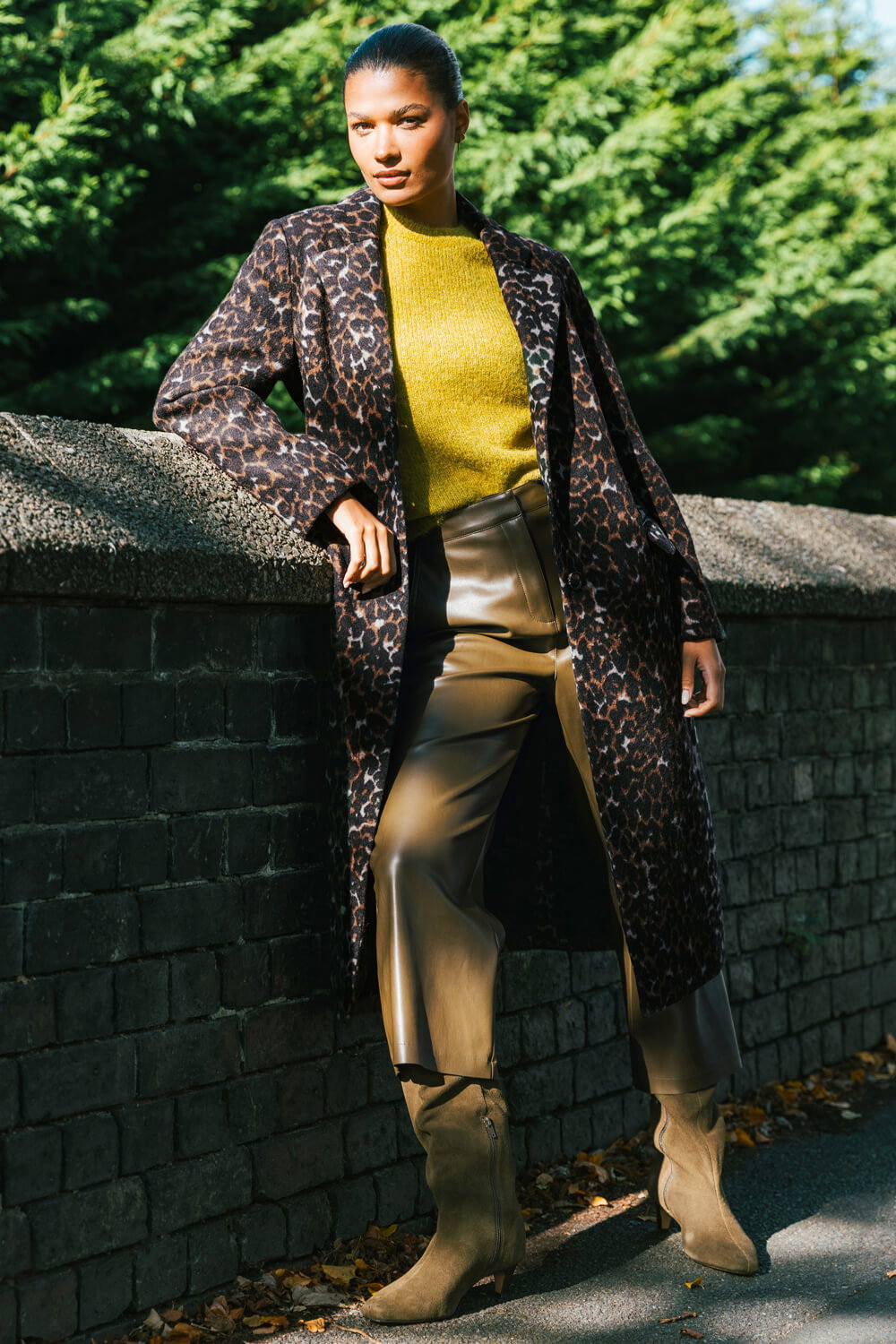 Olive Faux Leather Wide Leg Crop Trousers, Image 7 of 8