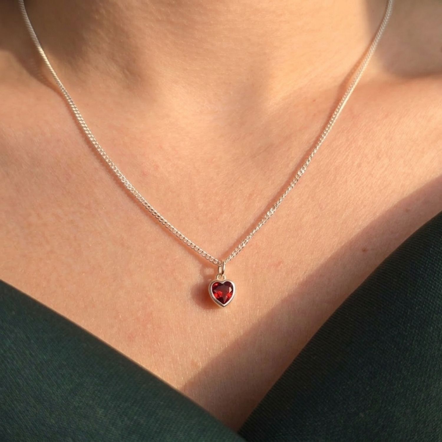Red Mini Heart Silver Garnet January Birthstone Necklace, Image 2 of 4
