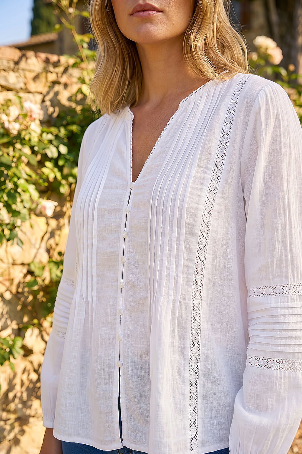 Ivory Pleated V-Neck Cotton Blouse , Image 5 of 4