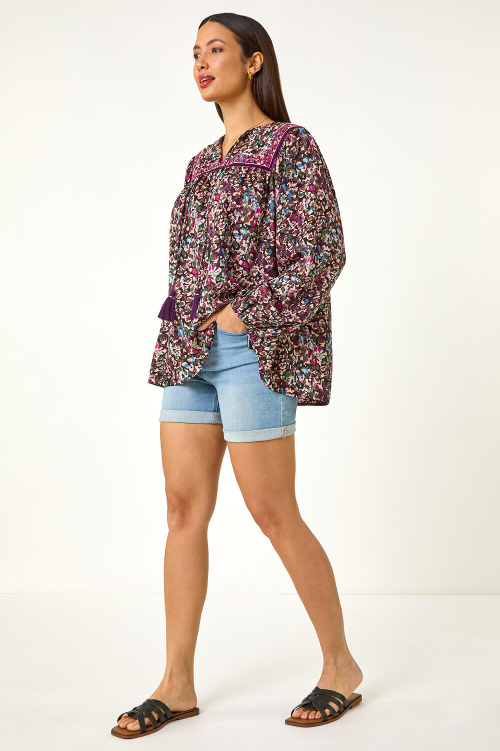 Purple Floral Print Tie Front Top, Image 3 of 5