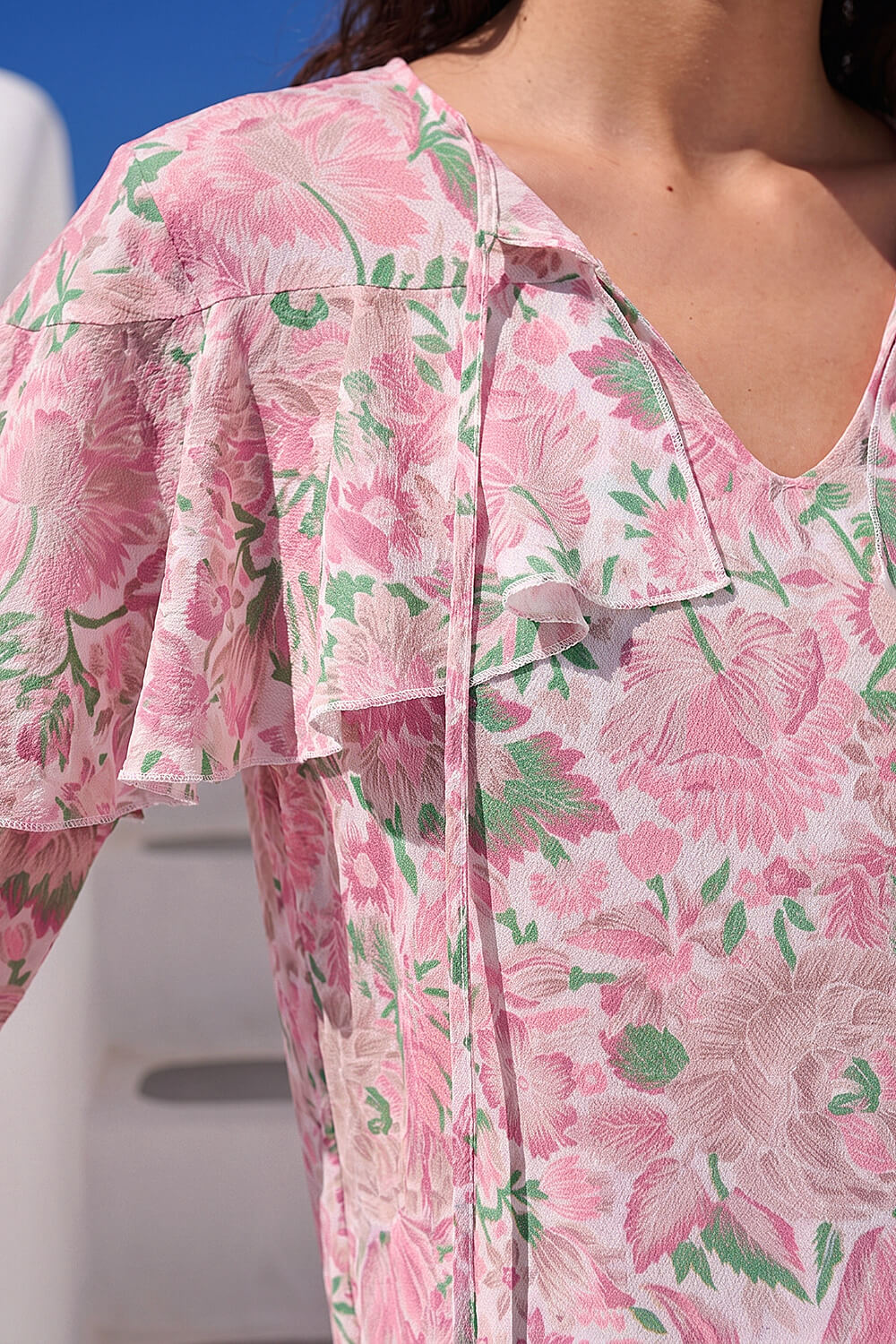 Pink Floral Print Tie Front Top, Image 5 of 4
