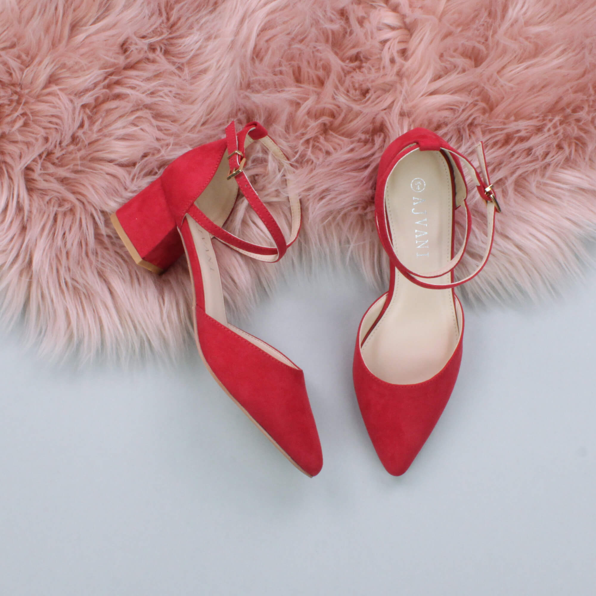 Red AJVANI Red Mid Block Heel Crossed Strap Pointed Toe 2 Part Heels, Image 4 of 6