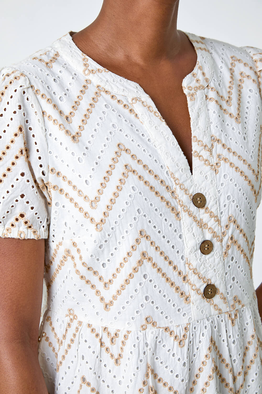 Cream Zig-Zag Embroidered Cotton Tunic Dress, Image 6 of 7