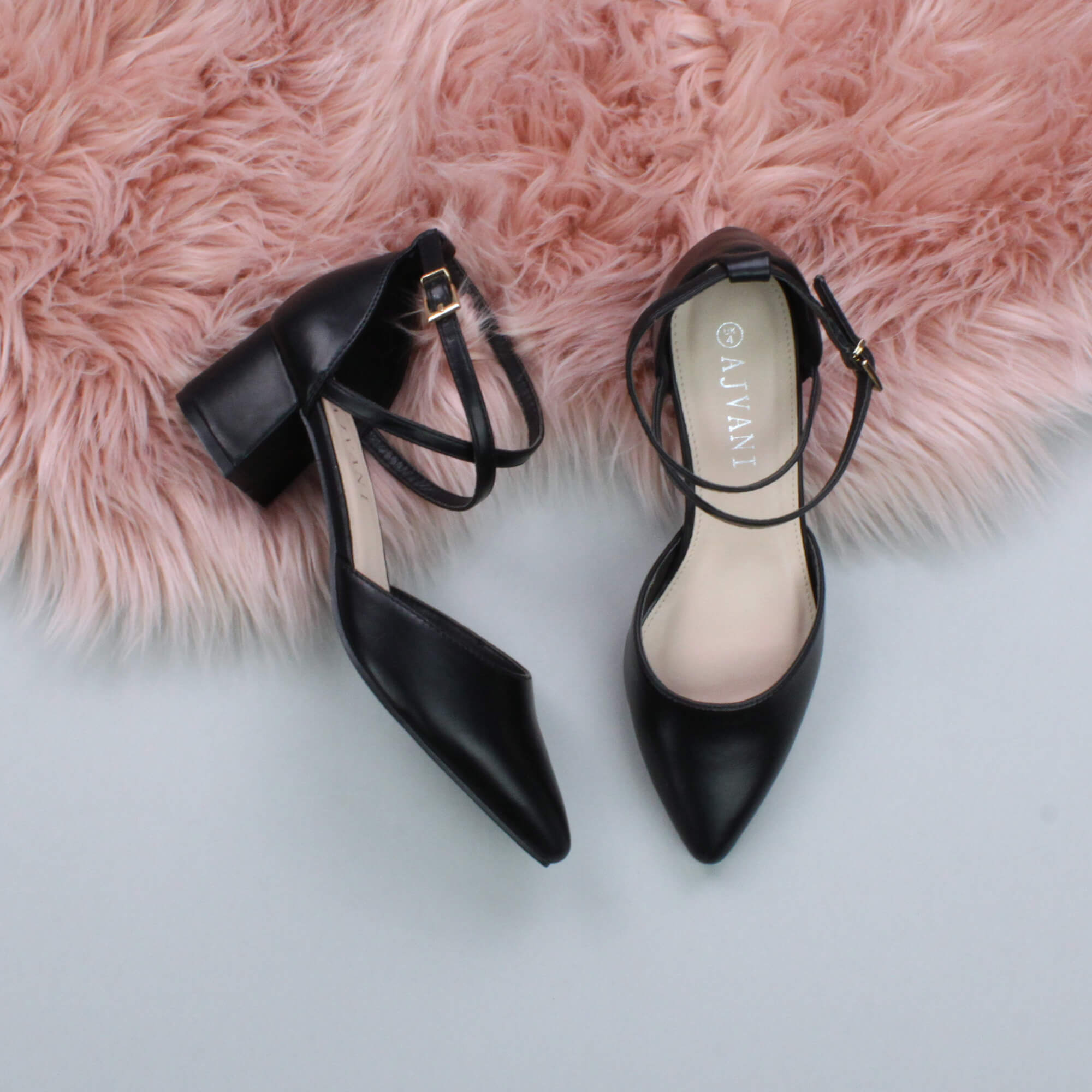 Black AJVANI Black Mid Block Heel Crossed Strap Pointed Toe 2 Part Heels, Image 4 of 6