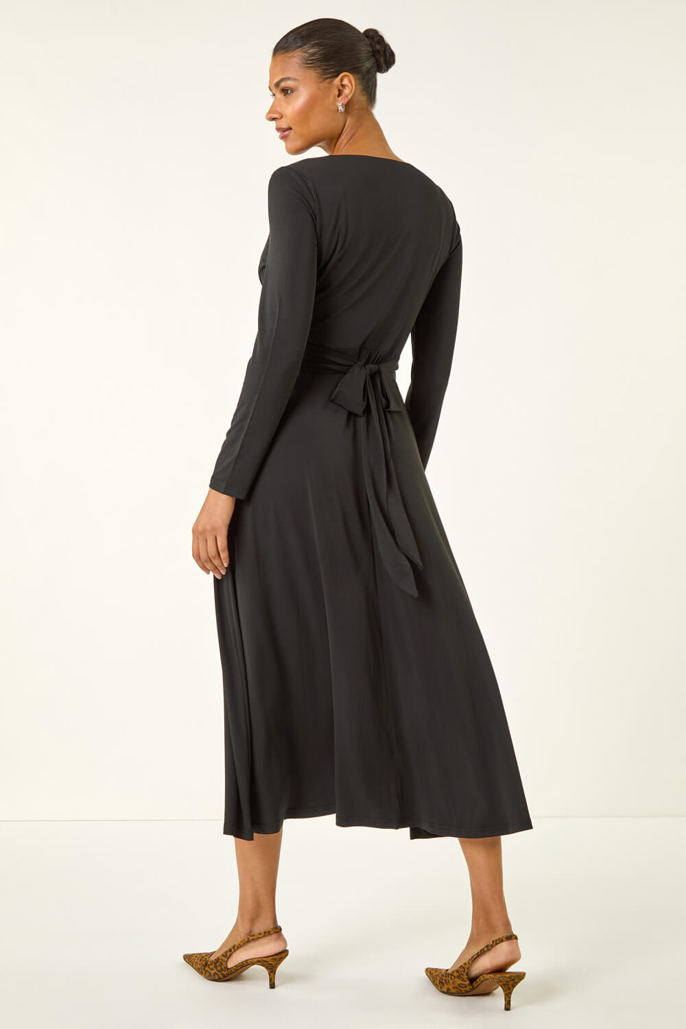 Black Twist Front Stretch Midi Dress, Image 4 of 5