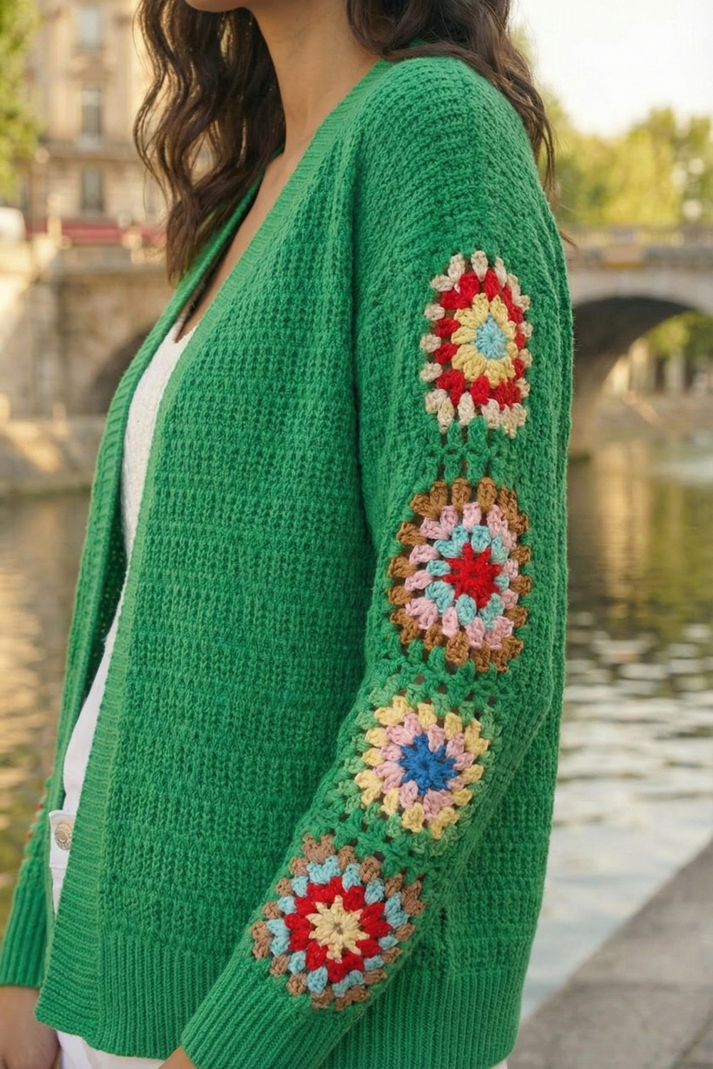 Green Crochet Sleeve Knit Cardigan, Image 5 of 4