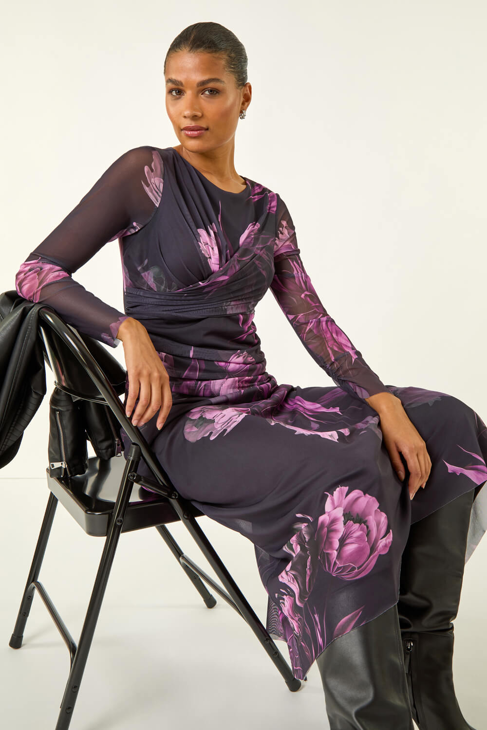 Purple Floral Mesh Stretch Maxi Dress | Roman UK