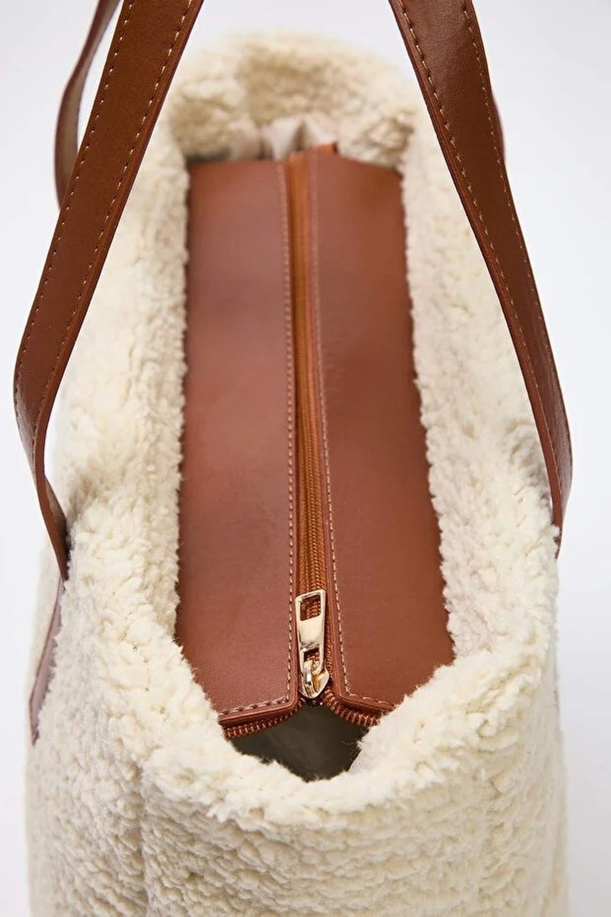 Beige Women's Borg Sherpa Maxi Tote Bag with Contrast Strap, Image 4 of 4