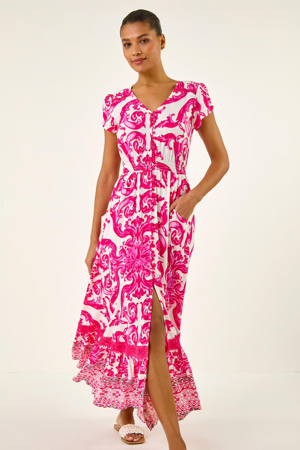 Pink Border Print Button Dress, Image 5 of 5